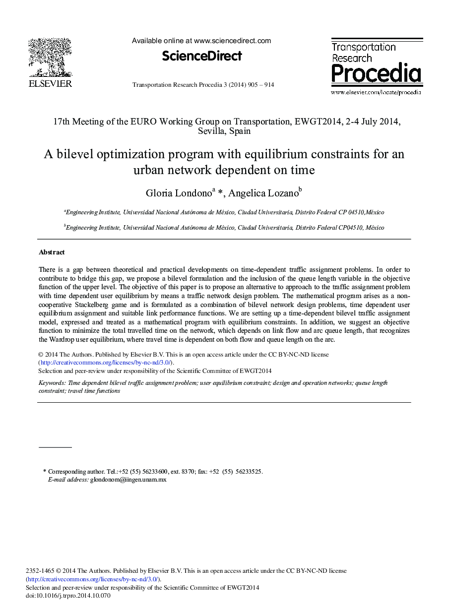 A Bilevel Optimization Program with Equilibrium Constraints for an Urban Network Dependent on Time 