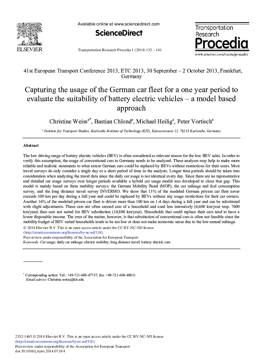 Capturing the Usage of the German Car Fleet for a One Year Period to Evaluate the Suitability of Battery Electric Vehicles – A Model based Approach 