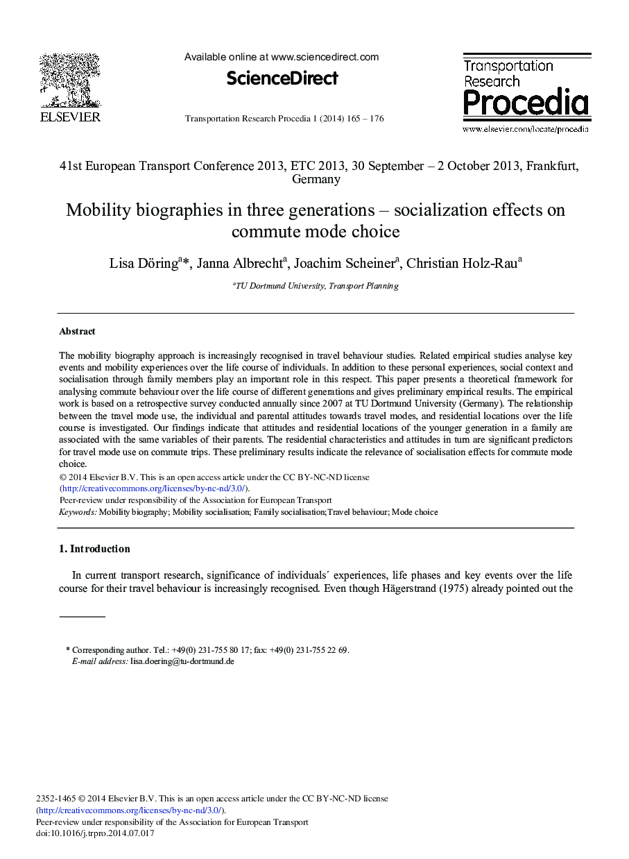 Mobility Biographies in Three Generations – Socialization Effects on Commute Mode Choice 