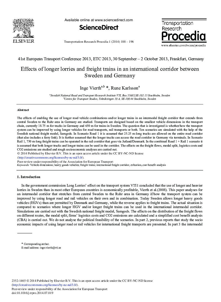 Effects of Longer Lorries and Freight Trains in an International Corridor between Sweden and Germany 