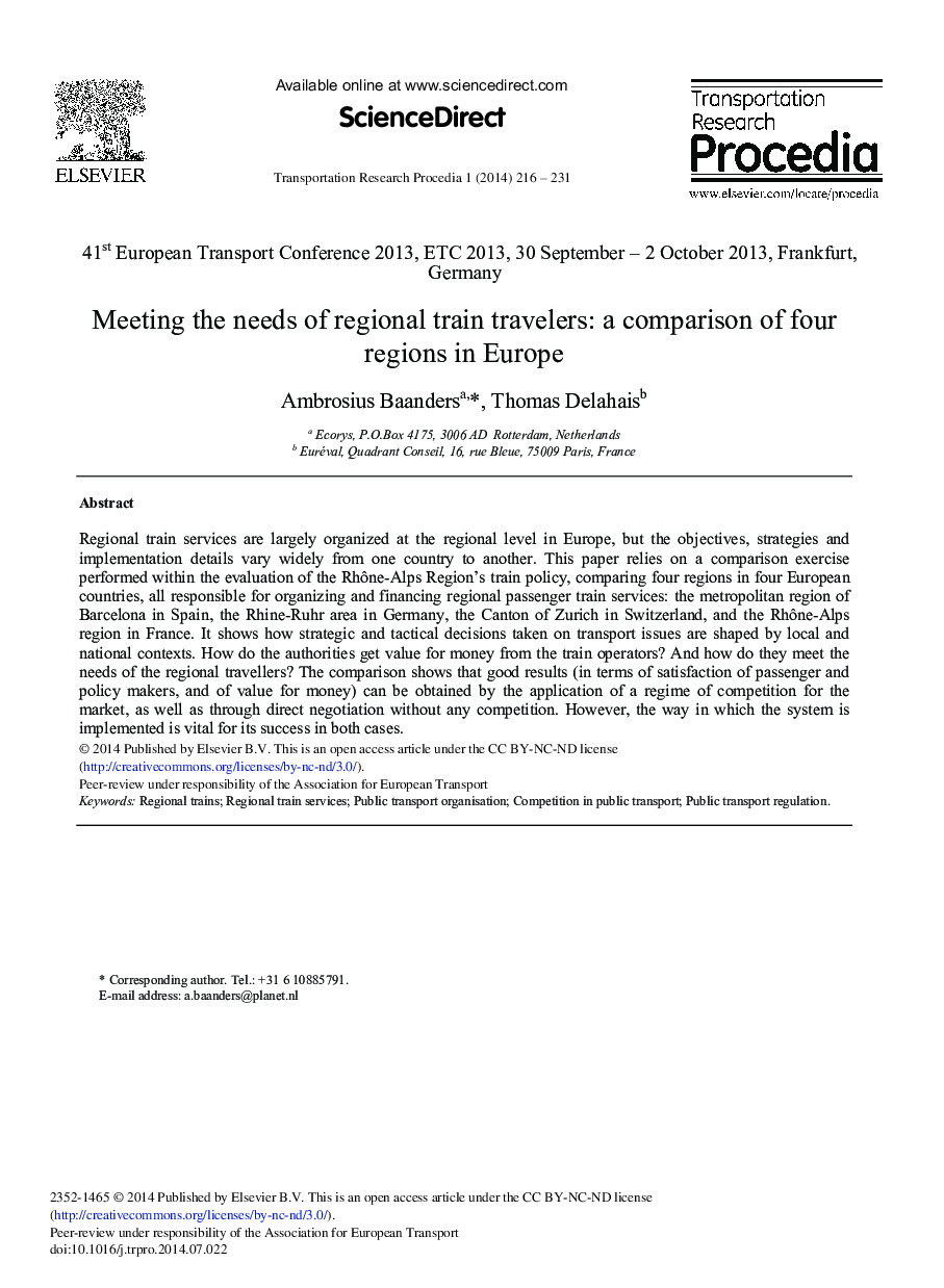 Meeting the Needs of Regional Train Travelers: A Comparison of Four Regions in Europe 