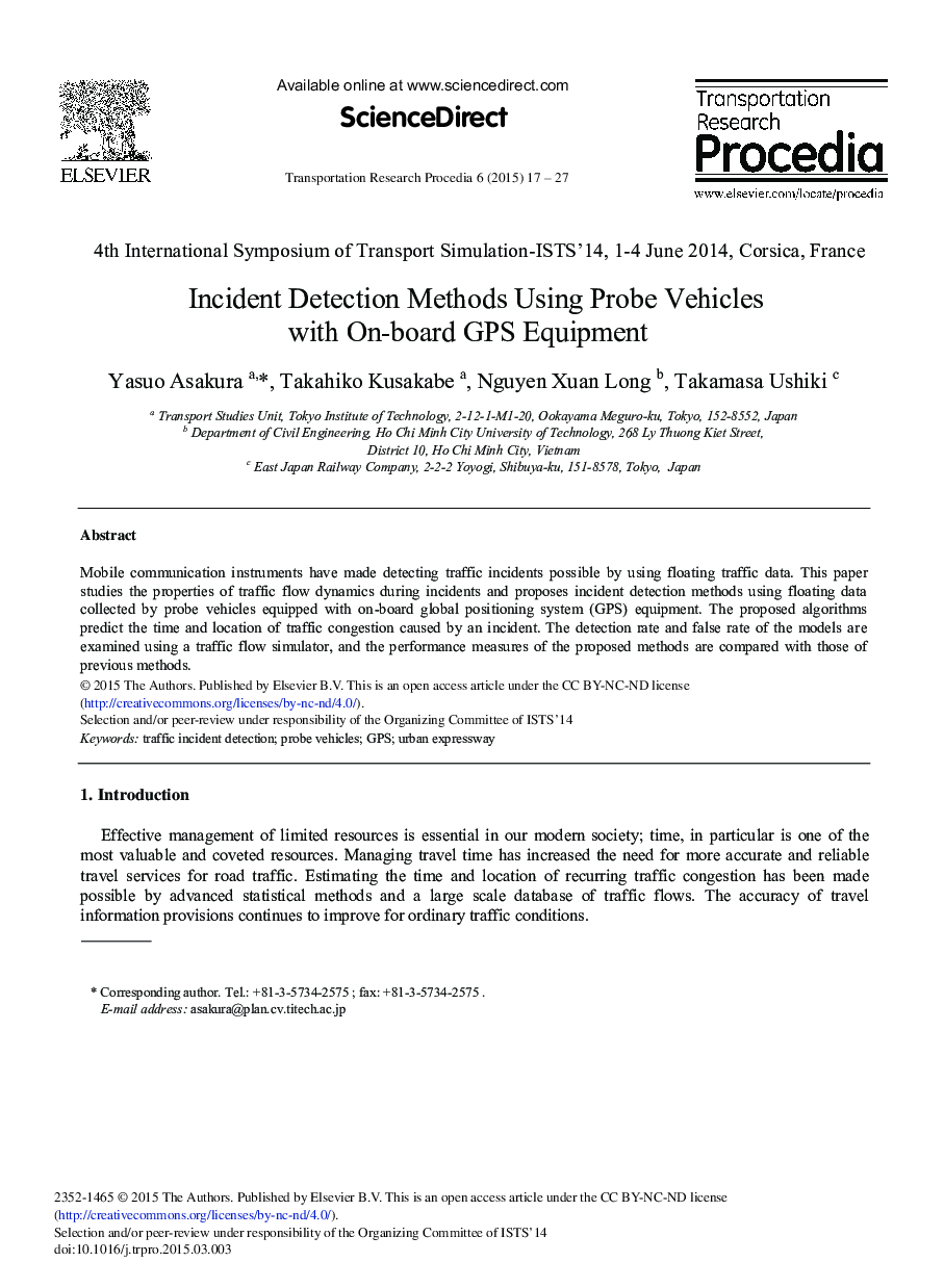 Incident Detection Methods Using Probe Vehicles with On-board GPS Equipment 