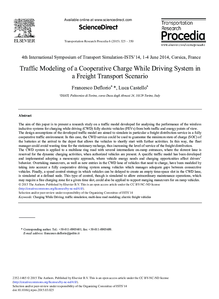 Traffic Modeling of a Cooperative Charge while Driving System in a Freight Transport Scenario 