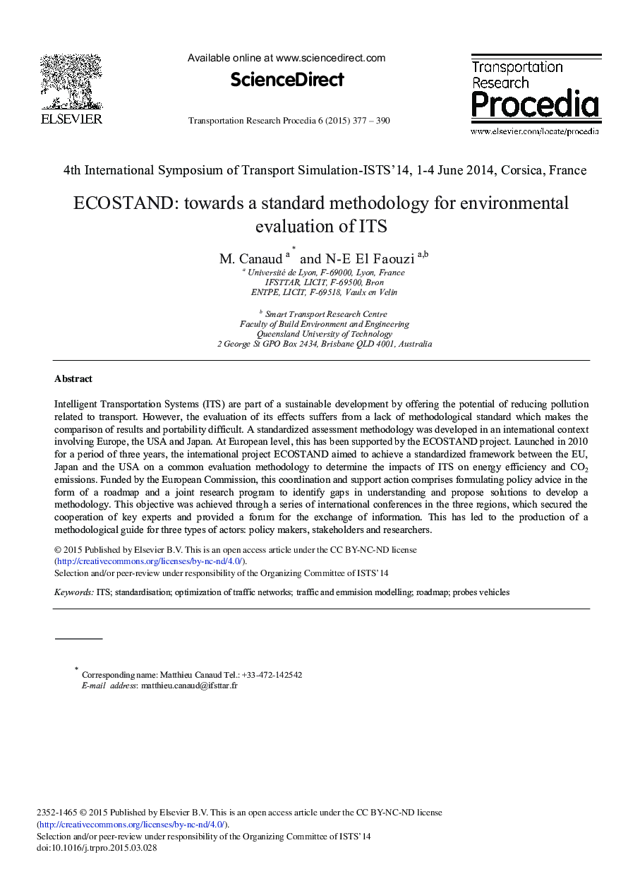 ECOSTAND: Towards a Standard Methodology for Environmental Evaluation of ITS 