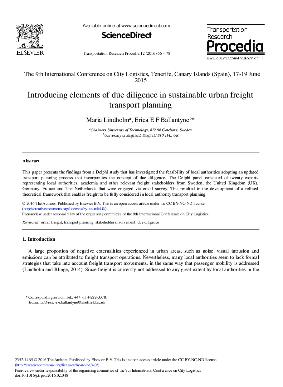 Introducing Elements of Due Diligence in Sustainable Urban Freight Transport Planning 