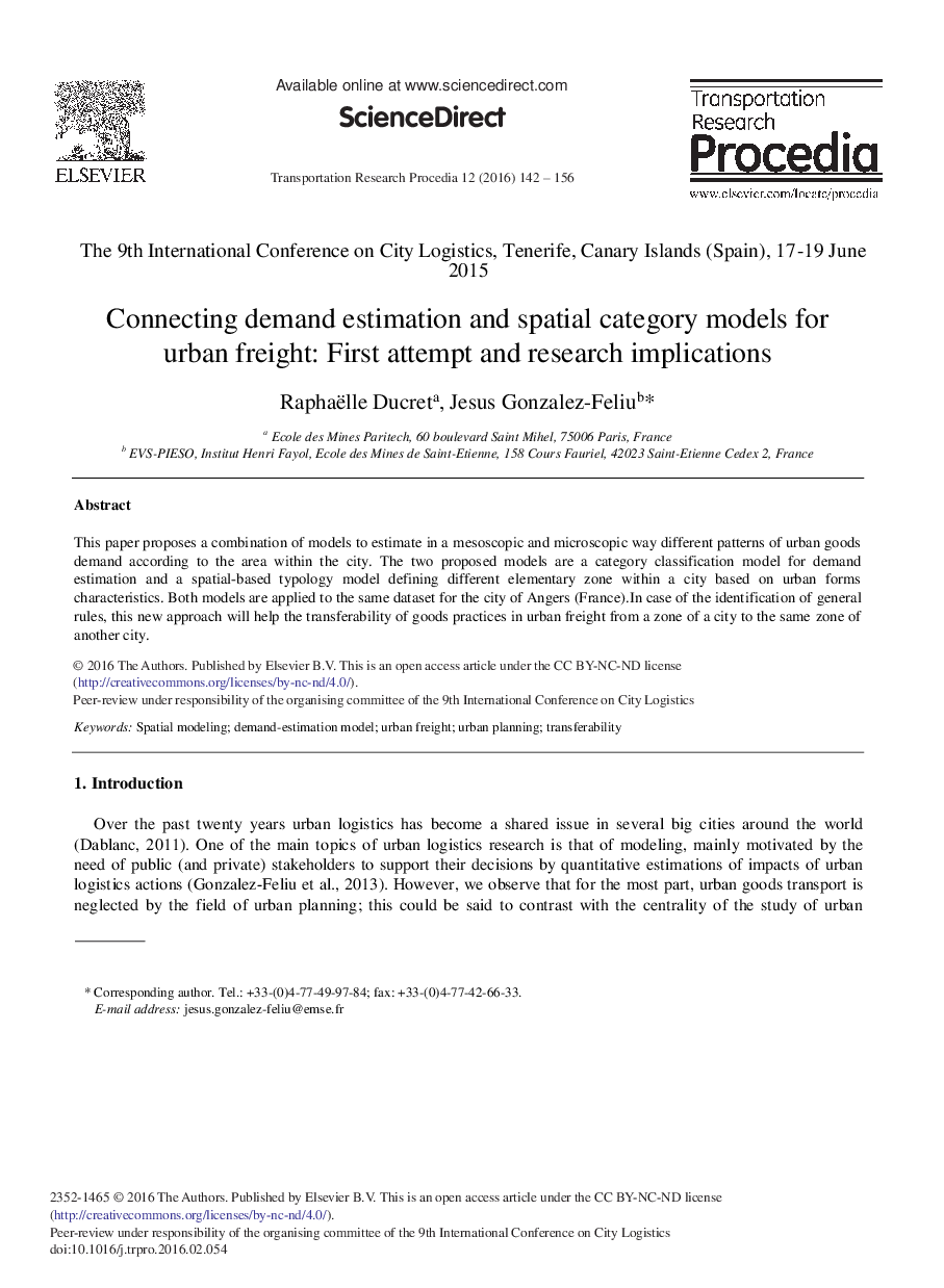 Connecting Demand Estimation and Spatial Category Models for Urban Freight: First Attempt and Research Implications 