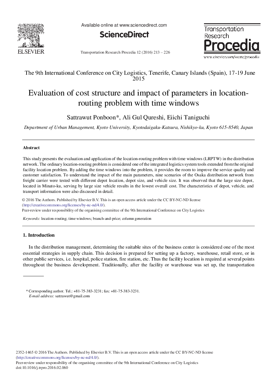 Evaluation of Cost Structure and Impact of Parameters in Location-routing Problem with Time Windows 