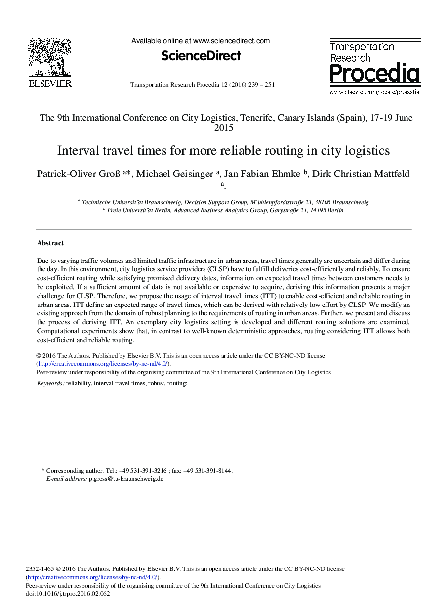 Interval Travel Times for More Reliable Routing in City Logistics 