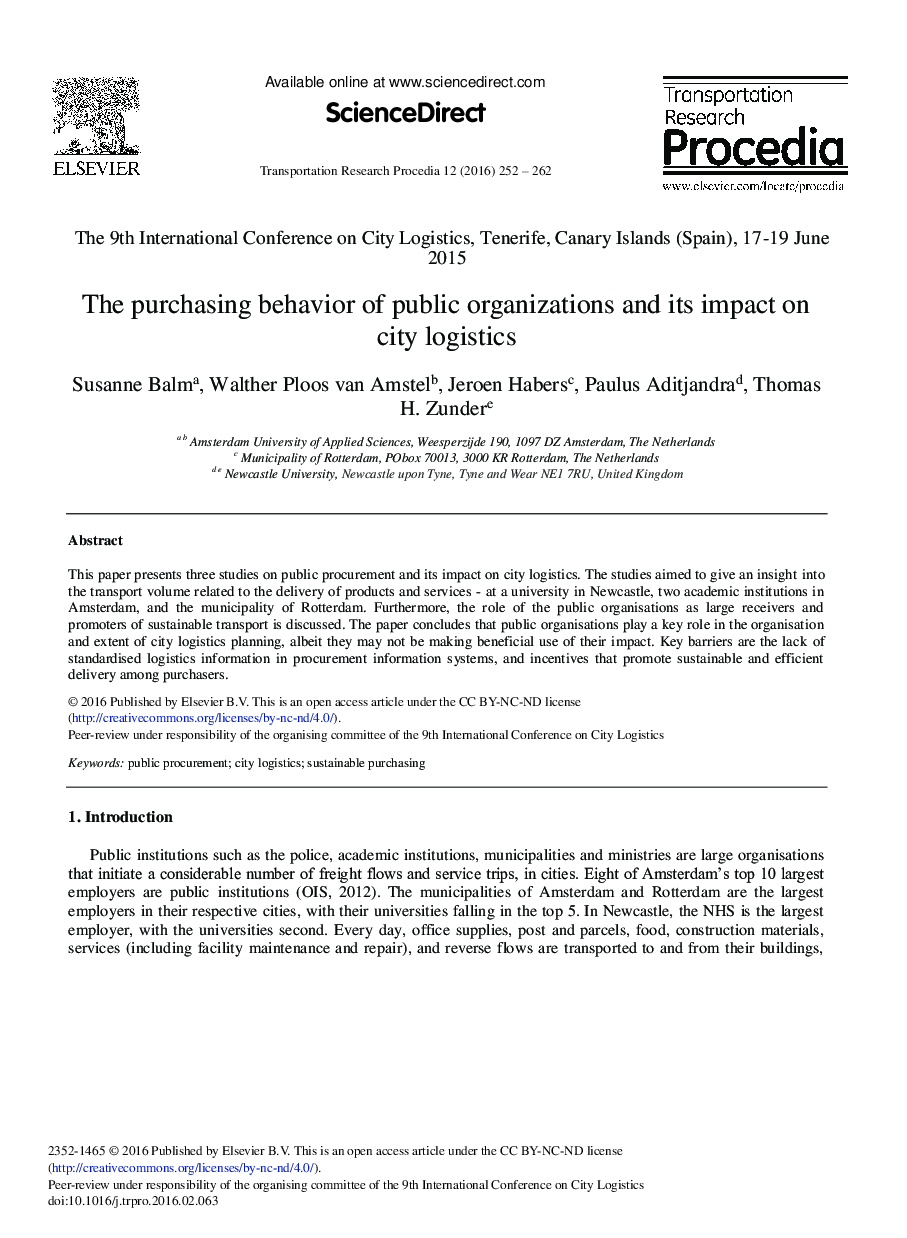 The Purchasing Behavior of Public Organizations and its Impact on City Logistics 