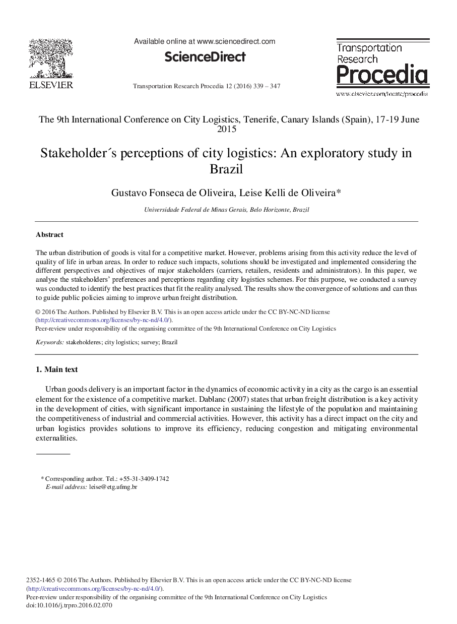 Stakeholder's Perceptions of City Logistics: An Exploratory Study in Brazil 