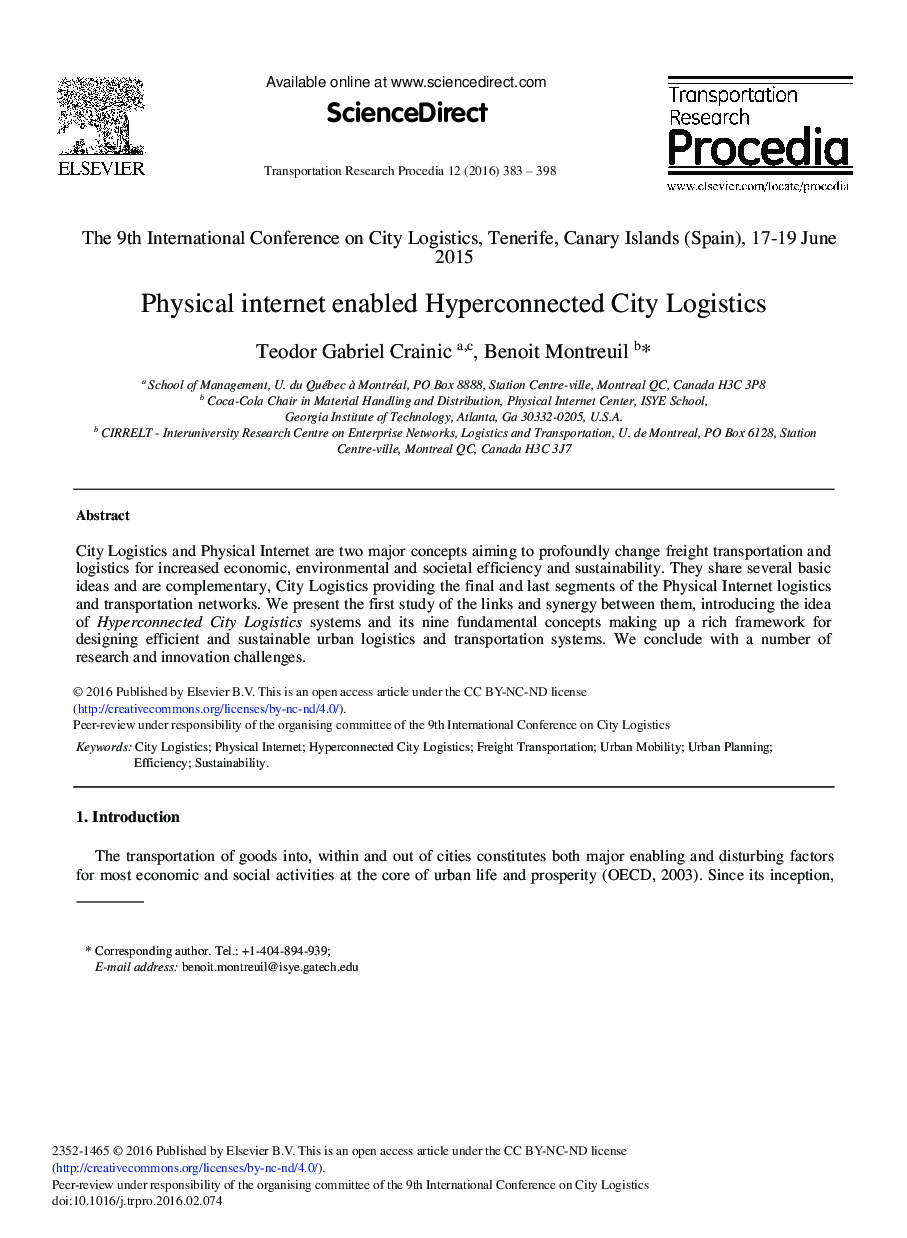 Physical Internet Enabled Hyperconnected City Logistics 