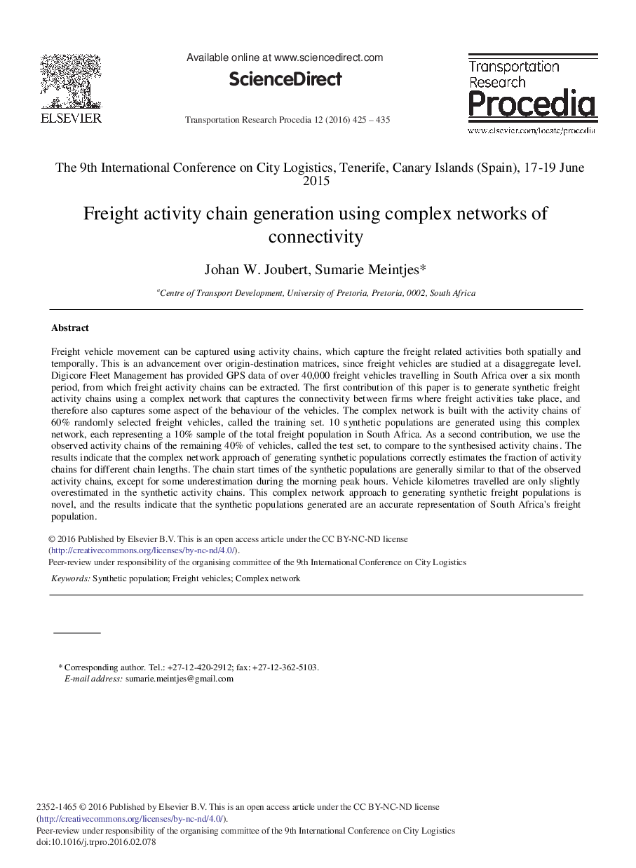 Freight Activity Chain Generation Using Complex Networks of Connectivity 