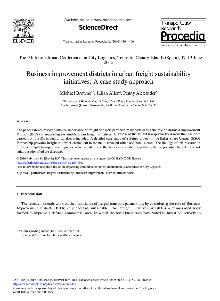 Business Improvement Districts in Urban Freight Sustainability Initiatives: A Case Study Approach 