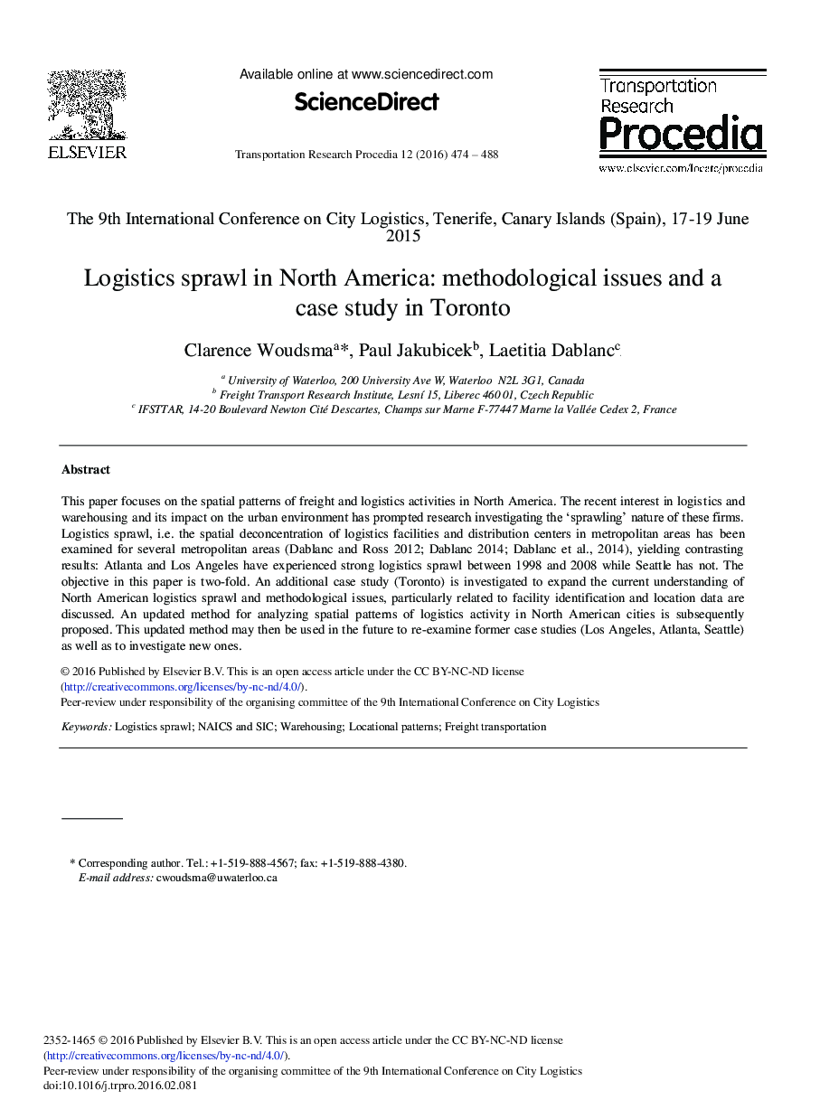 Logistics Sprawl in North America: Methodological Issues and a Case Study in Toronto 