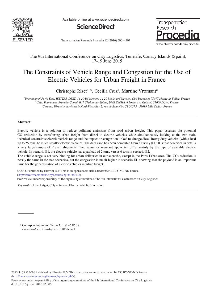 The Constraints of Vehicle Range and Congestion for the Use of Electric Vehicles for Urban Freight in France 