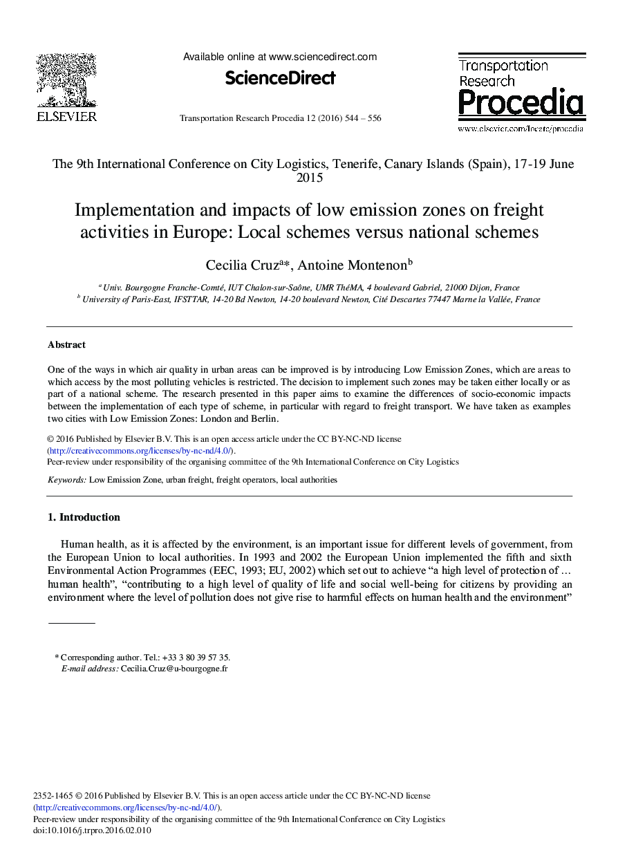 Implementation and Impacts of Low Emission Zones on Freight Activities in Europe: Local Schemes Versus National Schemes 