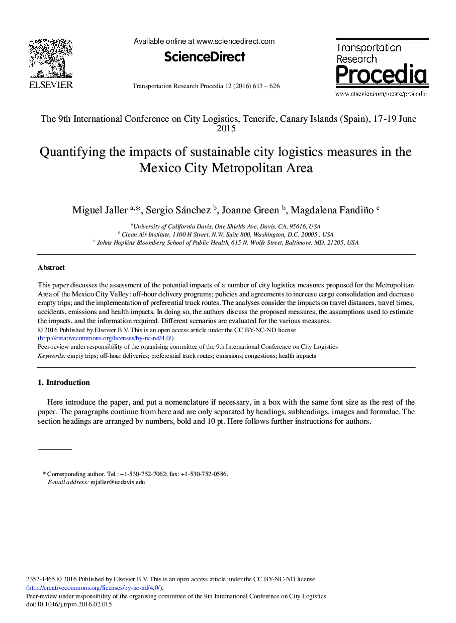 Quantifying the Impacts of Sustainable City Logistics Measures in the Mexico City Metropolitan Area 