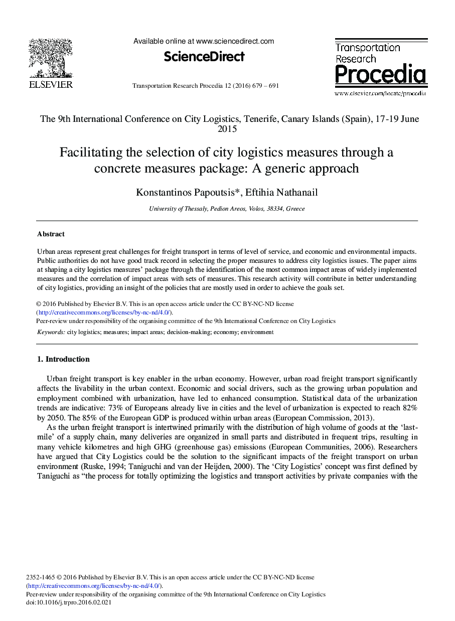 Facilitating the Selection of City Logistics Measures through a Concrete Measures Package: A Generic Approach 