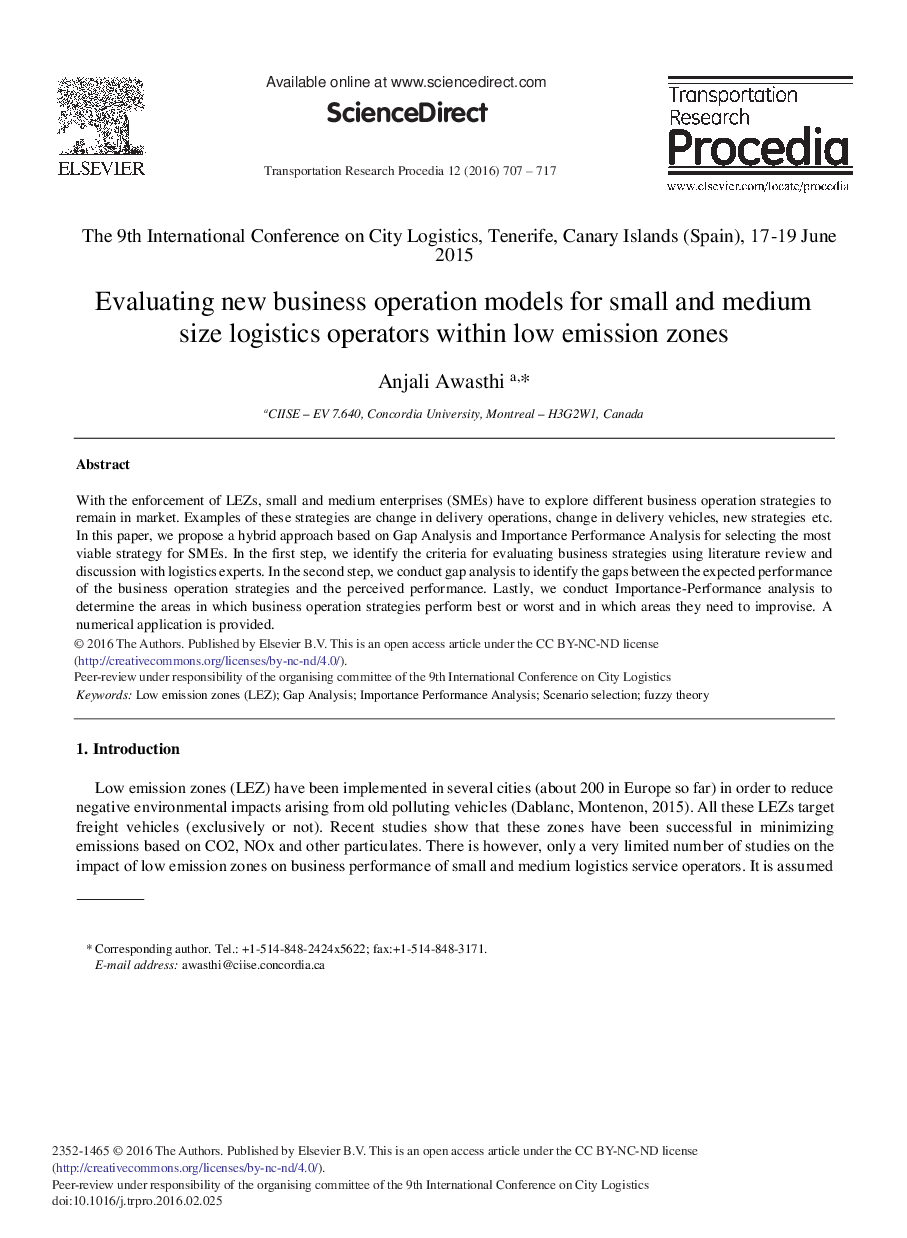 ارزیابی مدل های عملیاتی کسب و کار جدید برای اپراتورهای لجستیک کوچک و متوسط درون مناطق با انتشار آلایندگی کم 