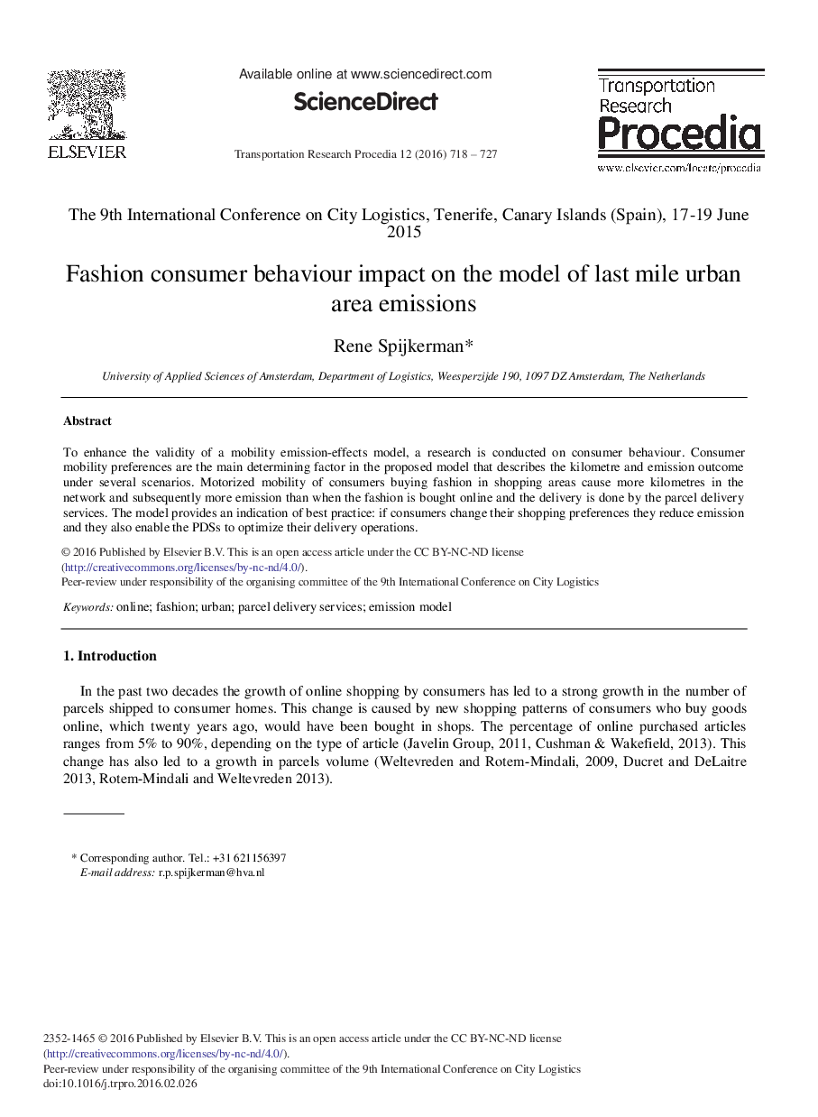 Fashion Consumer Behaviour Impact on the Model of Last Mile Urban Area Emissions 