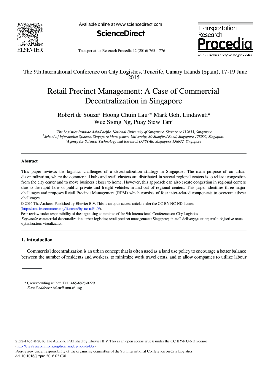 Retail Precinct Management: A Case of Commercial Decentralization in Singapore 