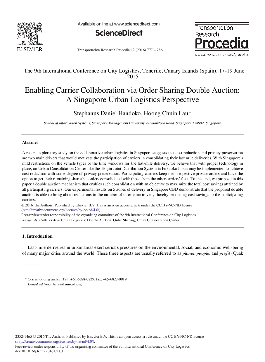 Enabling Carrier Collaboration via Order Sharing Double Auction: A Singapore Urban Logistics Perspective 