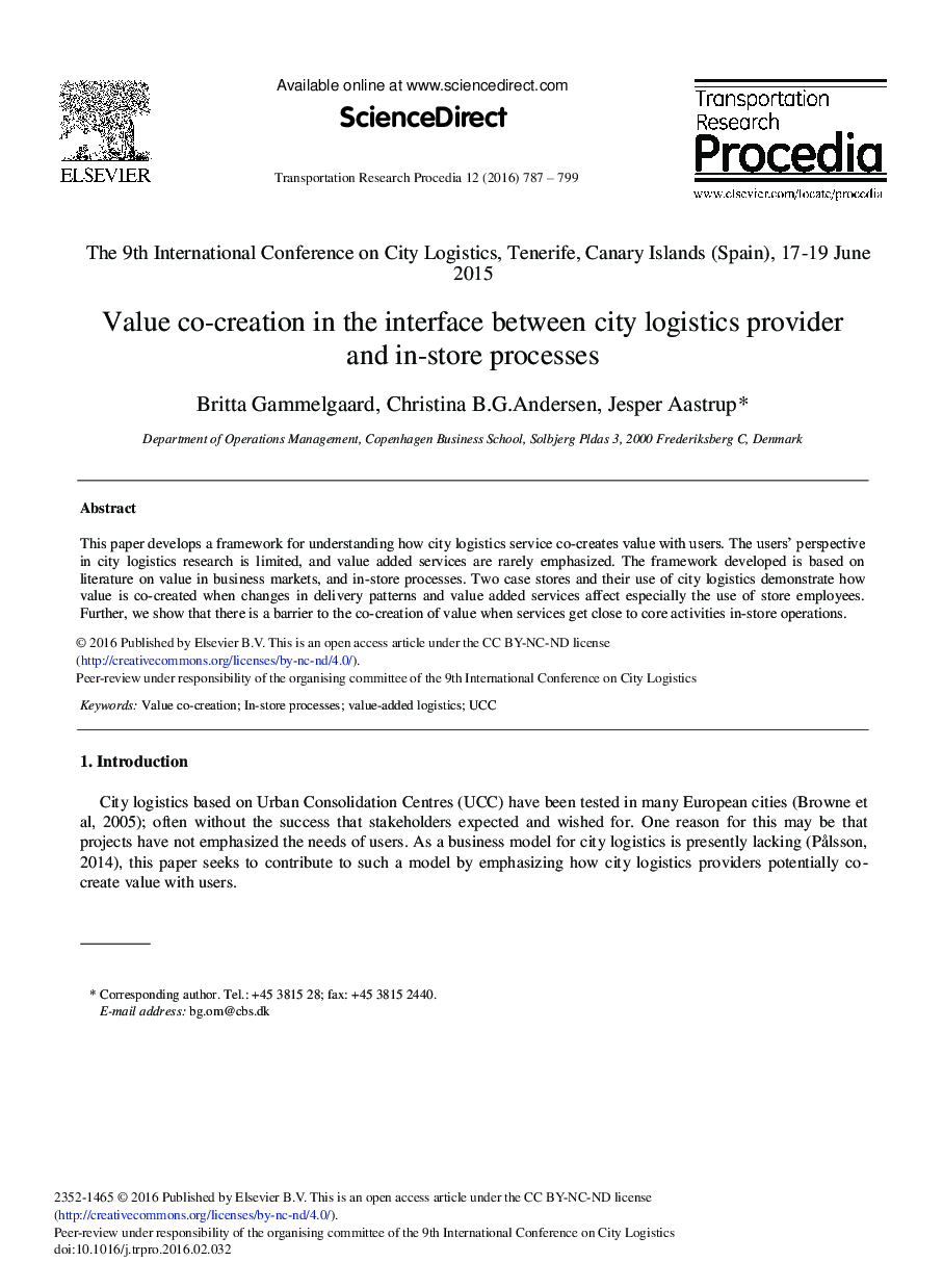 Value Co-creation in the Interface between City Logistics Provider and In-store Processes 