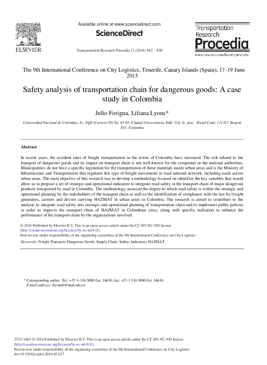 Safety Analysis of Transportation Chain for Dangerous Goods: A Case Study in Colombia 