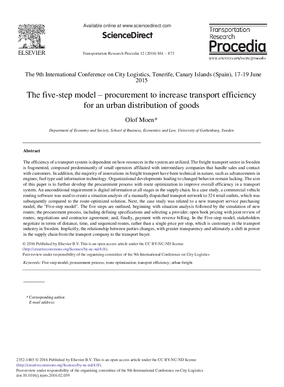 The Five-step Model – Procurement to Increase Transport Efficiency for an Urban Distribution of Goods 