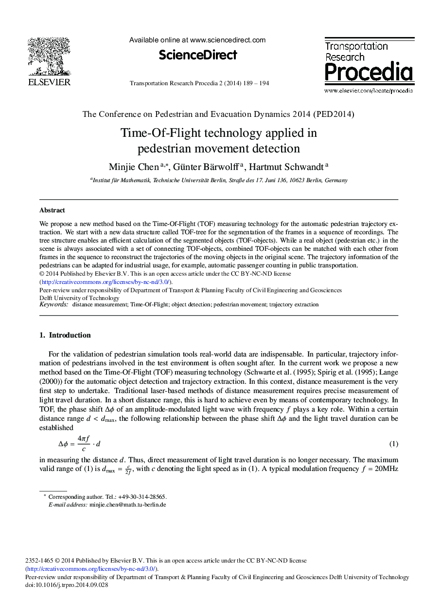 Time-Of-Flight Technology Applied in Pedestrian Movement Detection 