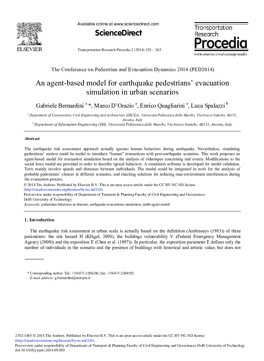 An Agent-based Model for Earthquake Pedestrians’ Evacuation Simulation in Urban Scenarios 