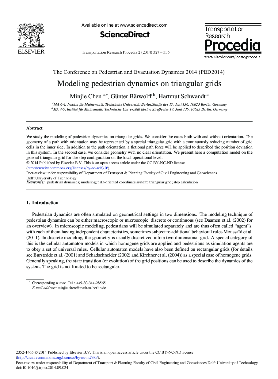 Modeling Pedestrian Dynamics on Triangular Grids 