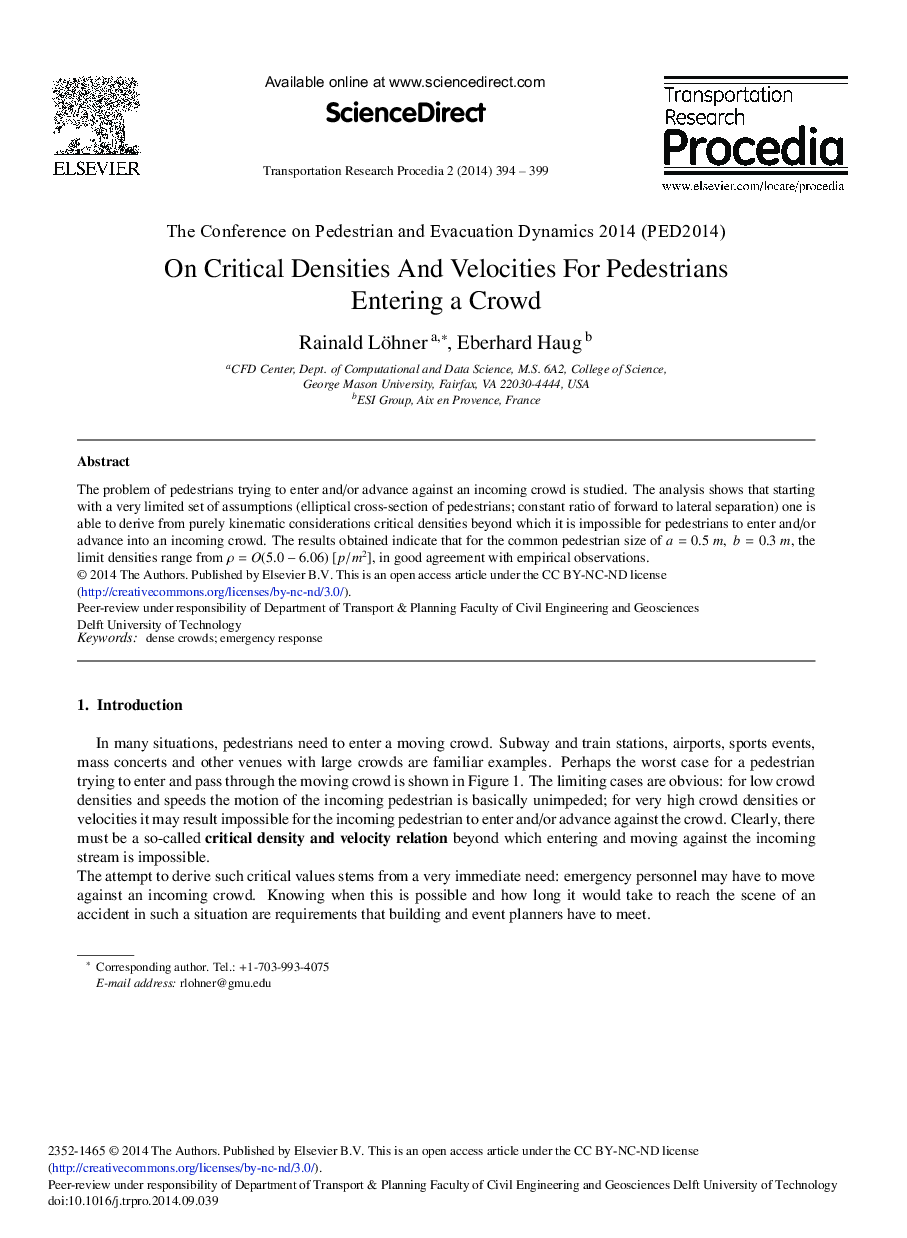 On Critical Densities and Velocities for Pedestrians Entering a Crowd 