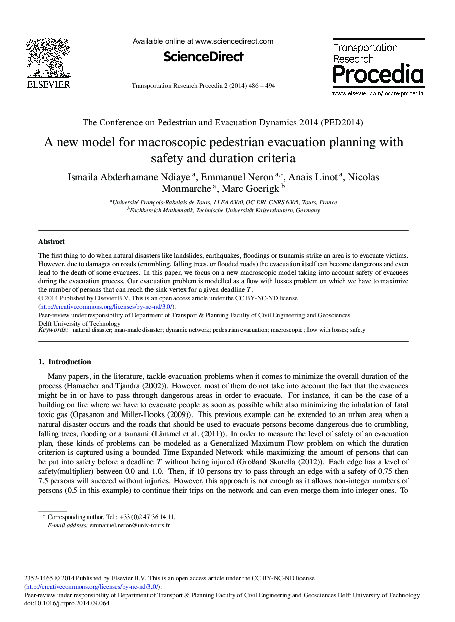 A New Model for Macroscopic Pedestrian Evacuation Planning with Safety and Duration Criteria 