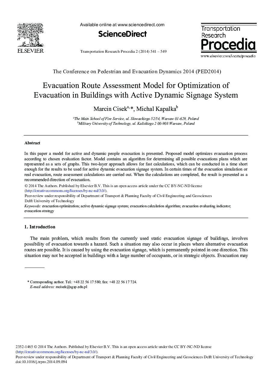 Evacuation Route Assessment Model for Optimization of Evacuation in Buildings with Active Dynamic Signage System 