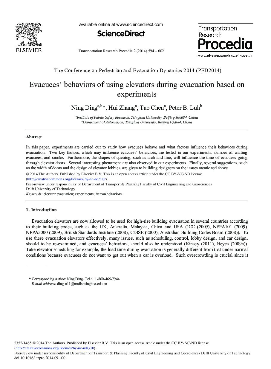 Evacuees’ Behaviors of Using Elevators during Evacuation based on Experiments 