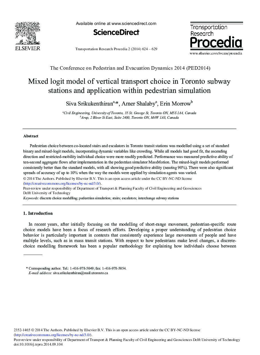 Mixed Logit Model of Vertical Transport Choice in Toronto Subway Stations and Application within Pedestrian Simulation 