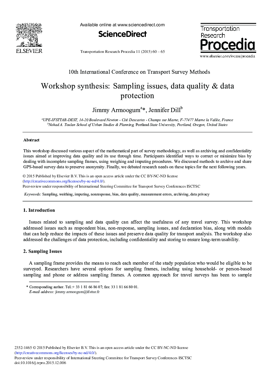 Workshop Synthesis: Sampling Issues, Data Quality & Data Protection 