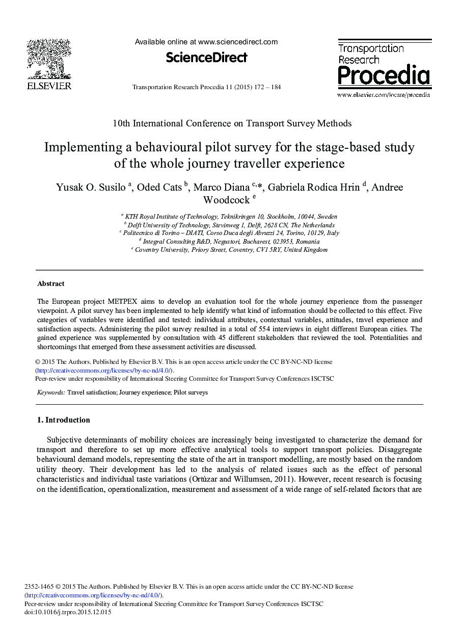 Implementing a Behavioural Pilot Survey for the Stage-based Study of the whole Journey Traveller Experience 