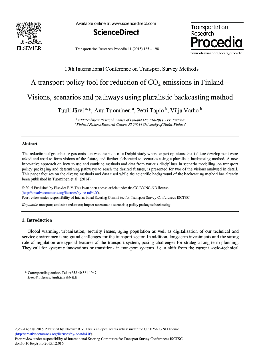 A Transport Policy Tool for Reduction of Co2 Emissions in Finland – Visions, Scenarios and Pathways using Pluralistic Backcasting Method 