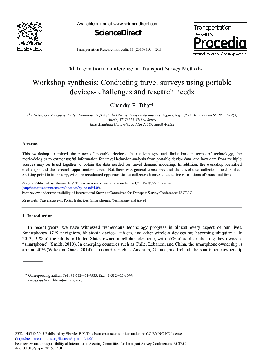 Workshop Synthesis: Conducting Travel Surveys using Portable Devices- Challenges and Research Needs 