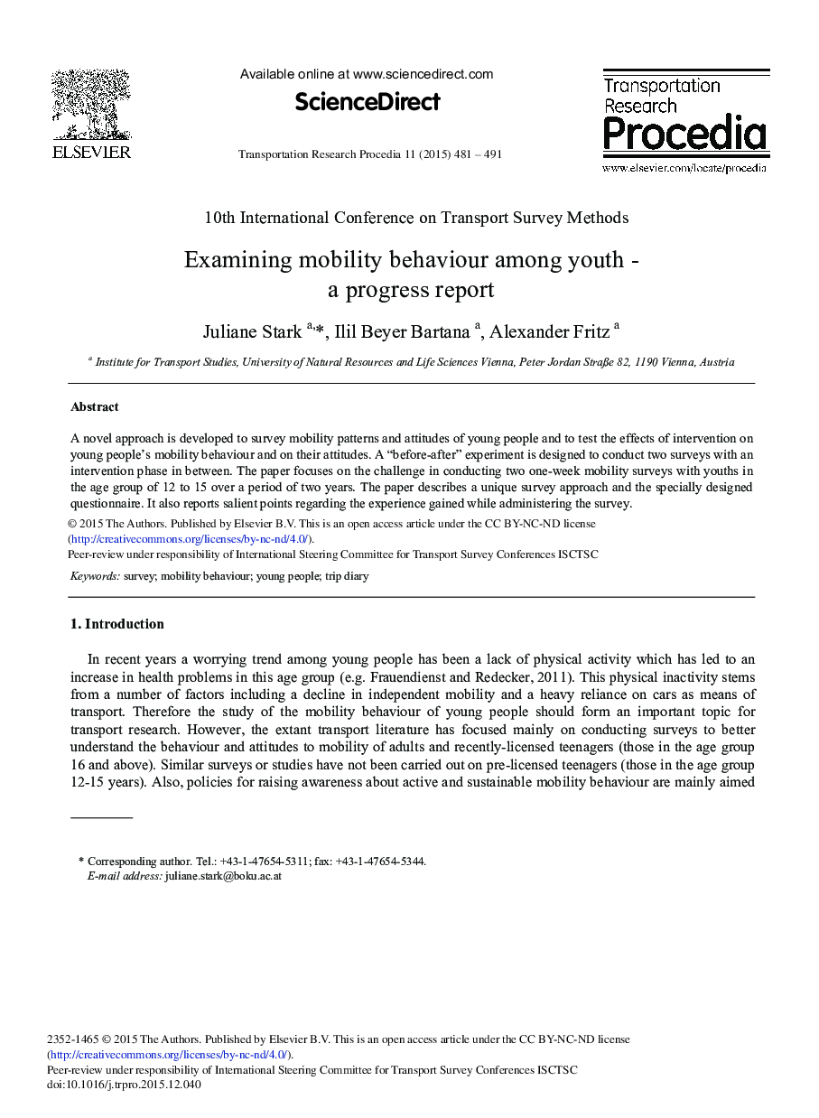 Examining Mobility Behaviour among Youth - A Progress Report 