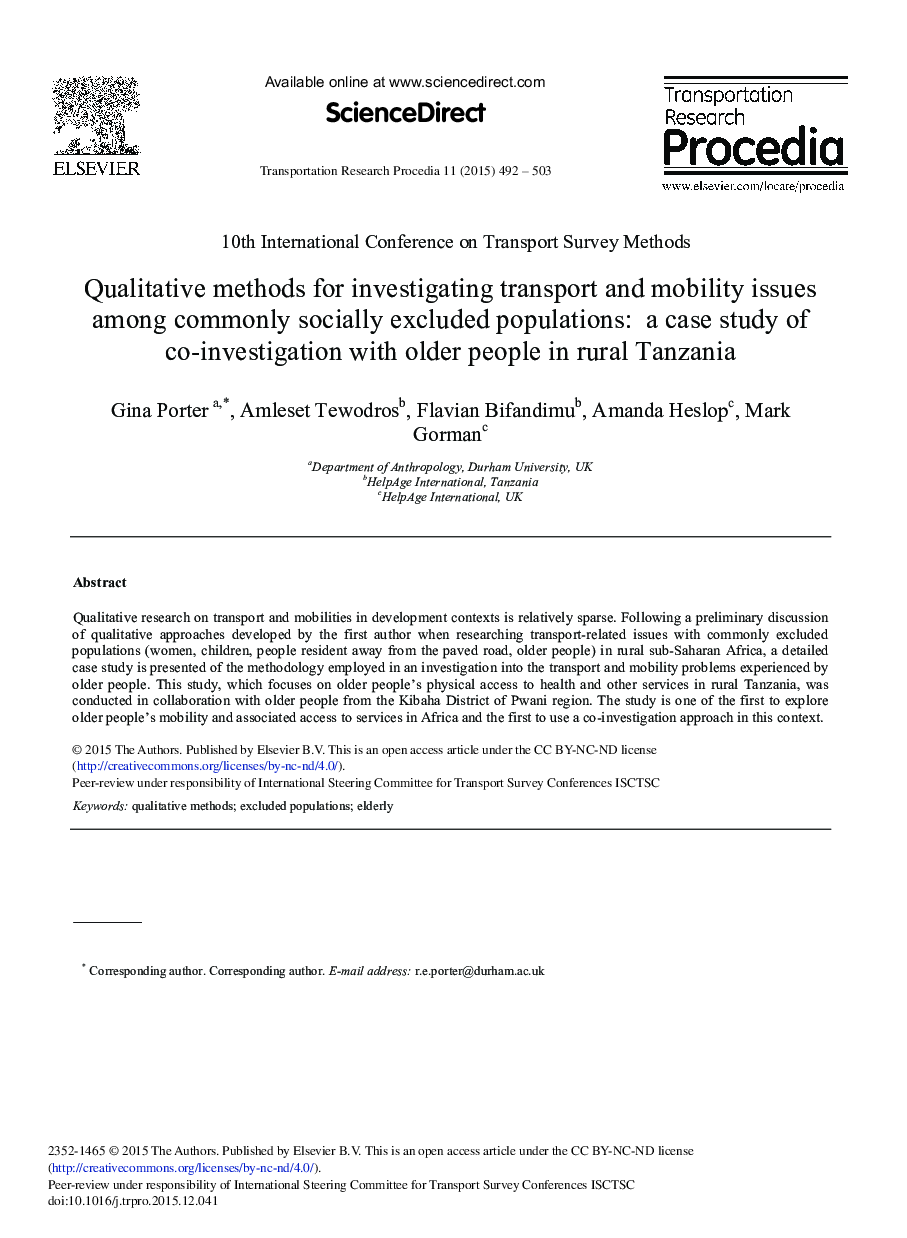 Qualitative Methods for Investigating Transport and Mobility Issues among Commonly Socially Excluded Populations: A Case Study of Co-investigation with Older People in Rural Tanzania 