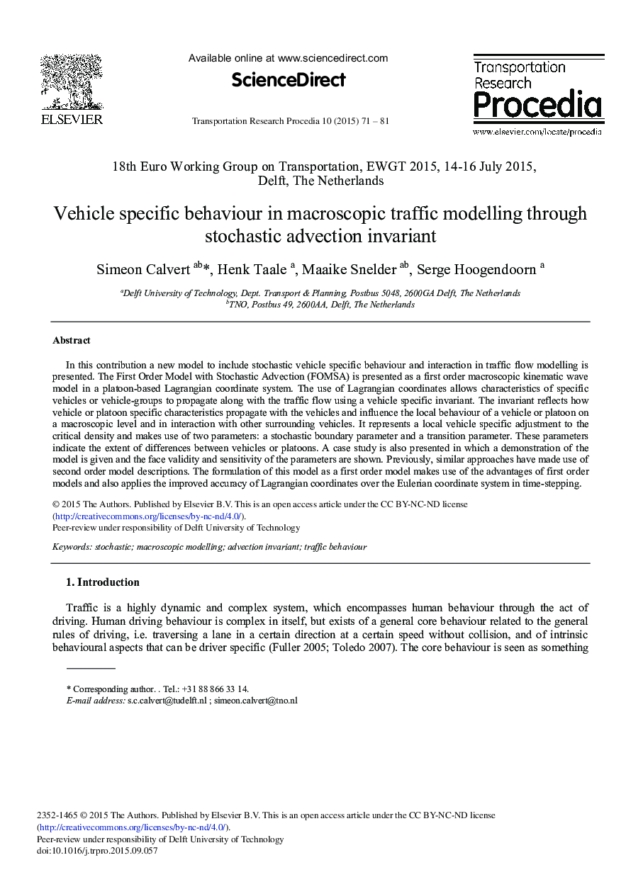 Vehicle Specific Behaviour in Macroscopic Traffic Modelling through Stochastic Advection Invariant 