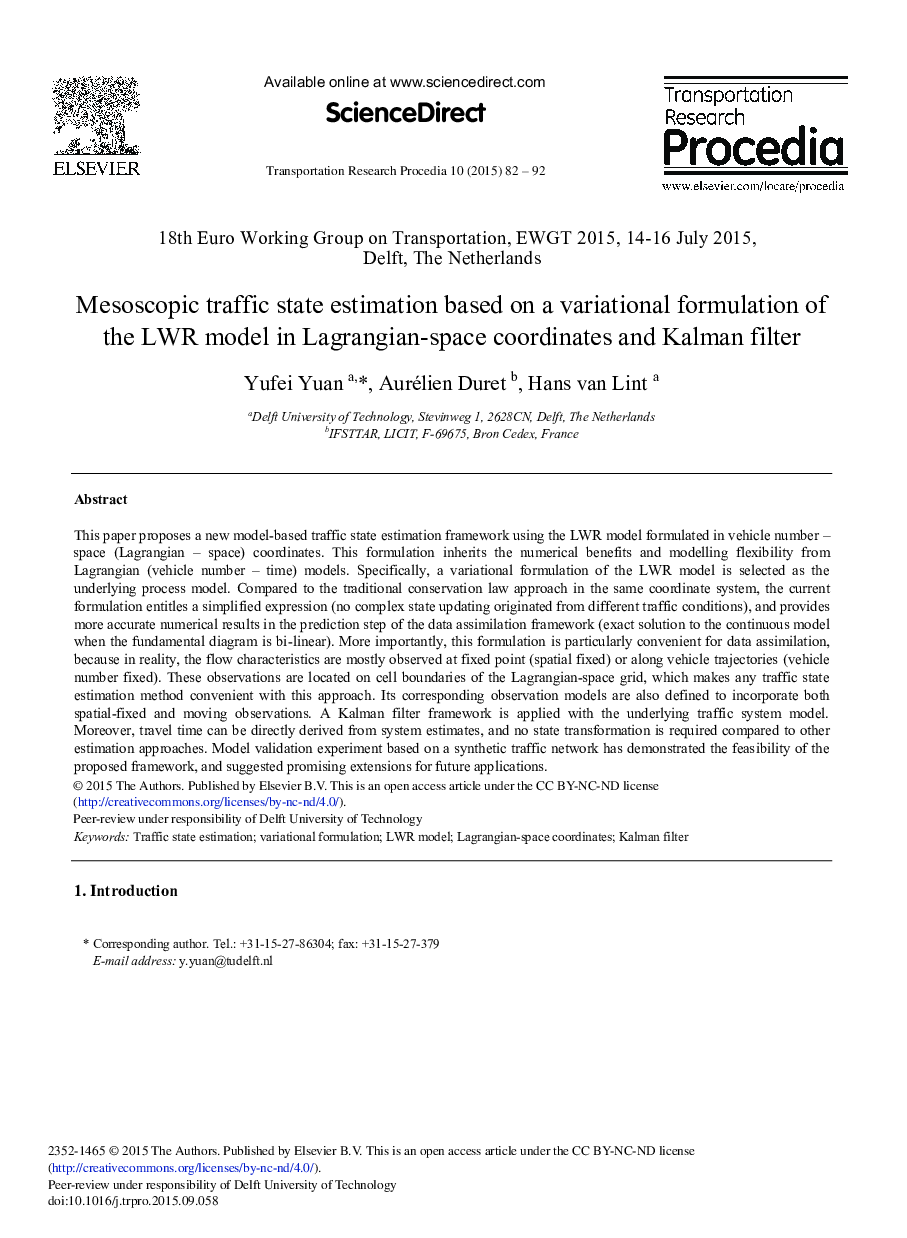 Mesoscopic Traffic State Estimation based on a Variational Formulation of the LWR Model in Lagrangian-space Coordinates and Kalman Filter 