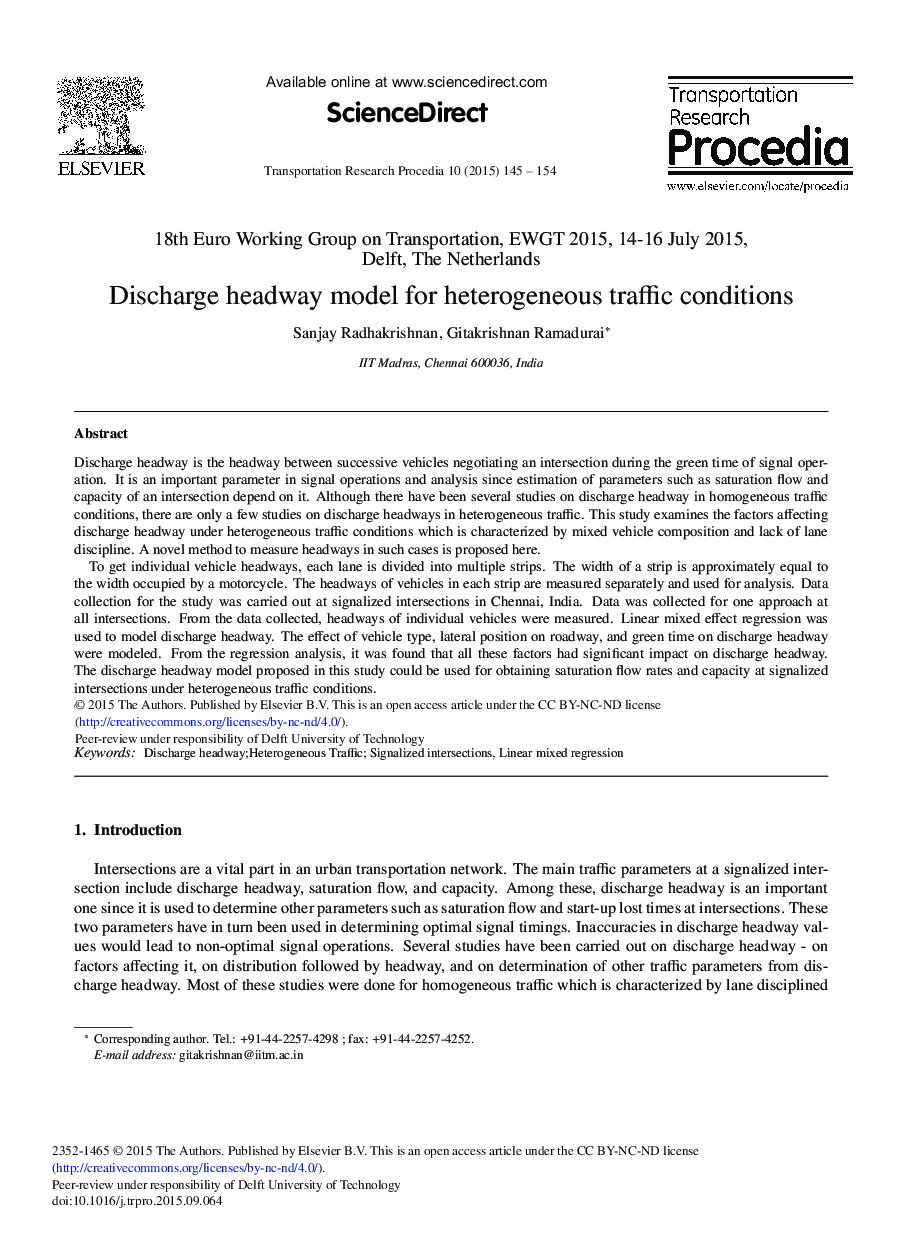 Discharge Headway Model for Heterogeneous Traffic Conditions 