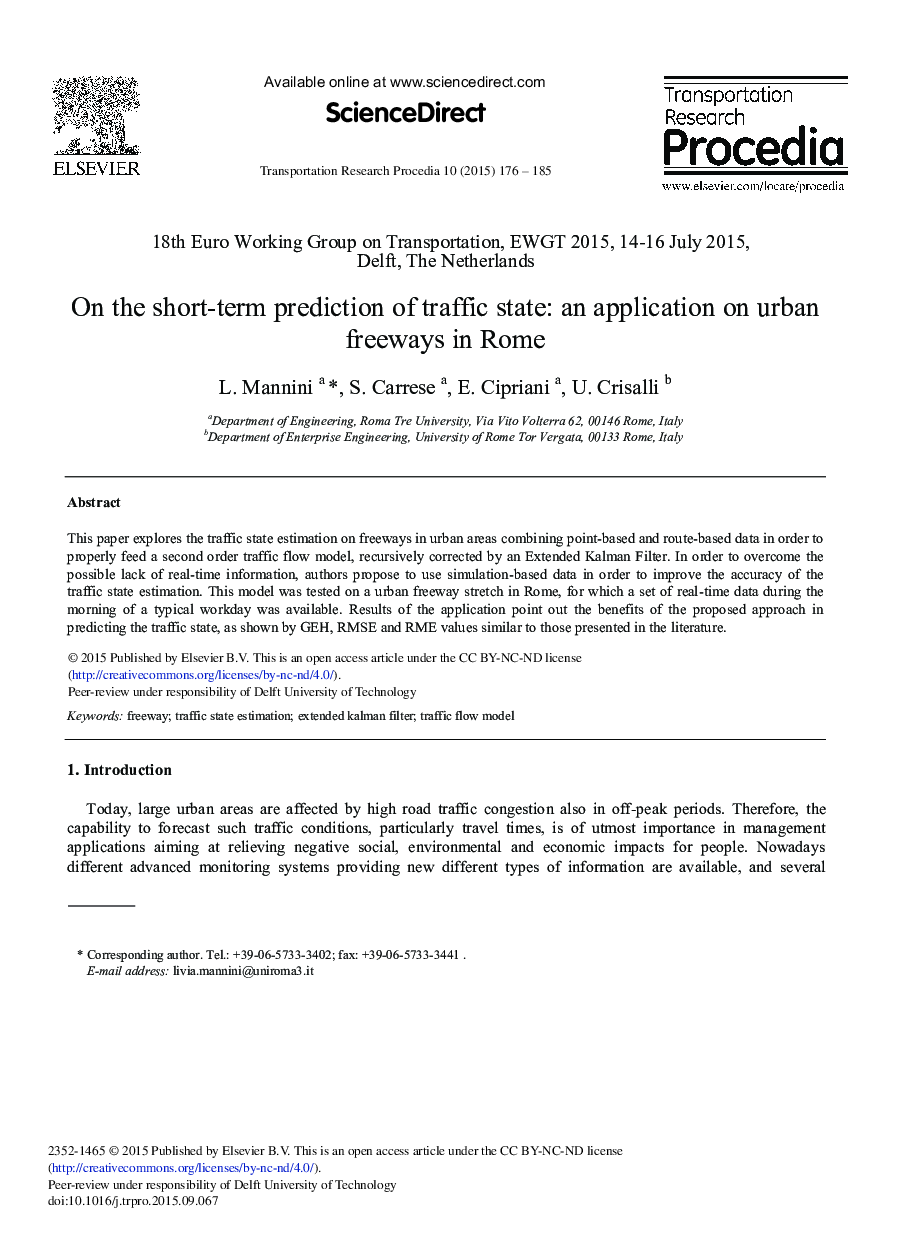 On the Short-term Prediction of Traffic State: An Application on Urban Freeways in ROME 