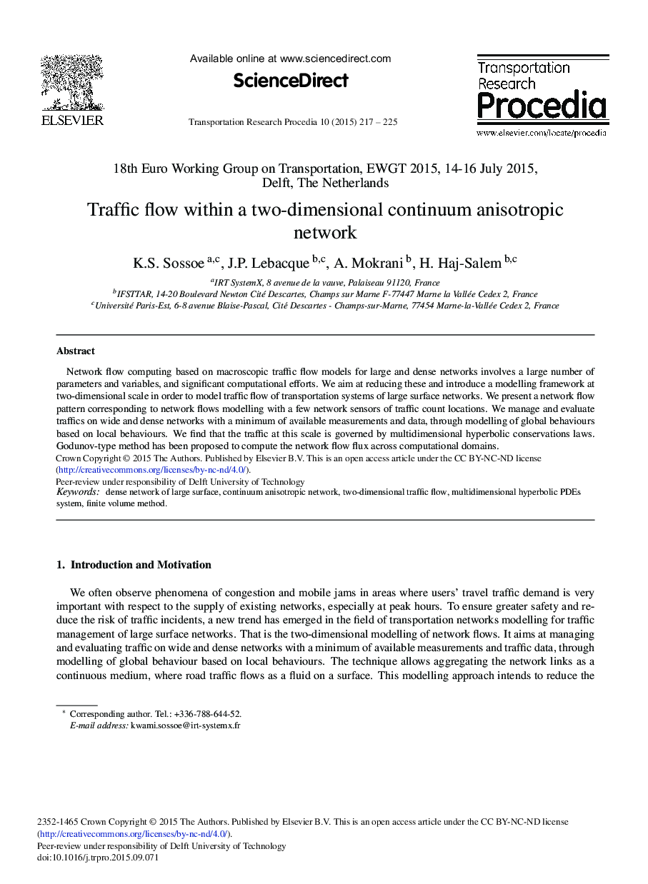 Traffic Flow within a Two-dimensional Continuum Anisotropic Network 