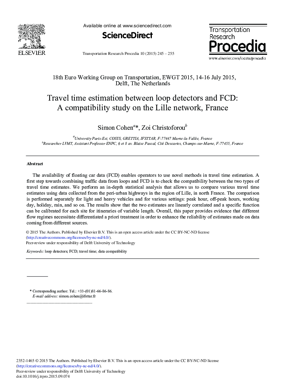 Travel Time Estimation Between Loop Detectors and Fcd: A Compatibility Study on the Lille Network, France 