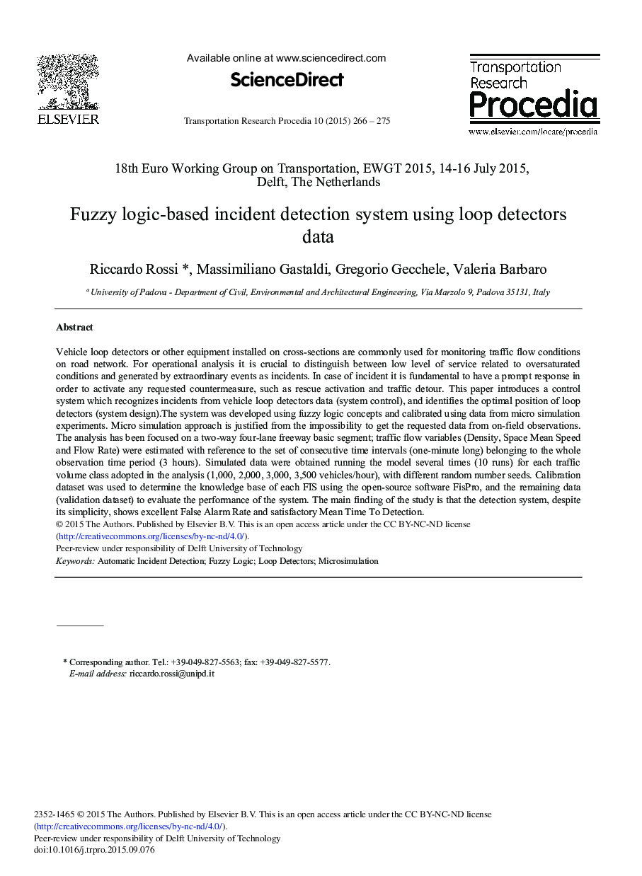 Fuzzy Logic-based Incident Detection System using Loop Detectors Data 